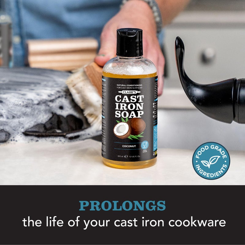 CLARK'S Cast Iron Cleaner 12 oz, Made in USA, Plant Based Coconut Cast Iron Soap for Skillets, Griddles Etc. - Protects, and Restores Cookware - Image 2